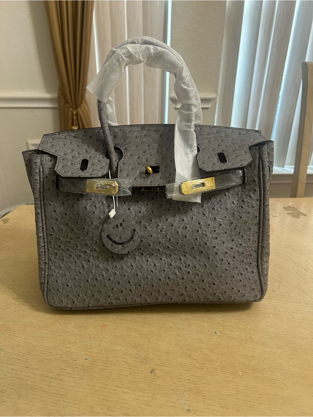 Classic Gray Ostrich-Texture Women’s Satchel UNBRANDED BIRKIN STYLE
